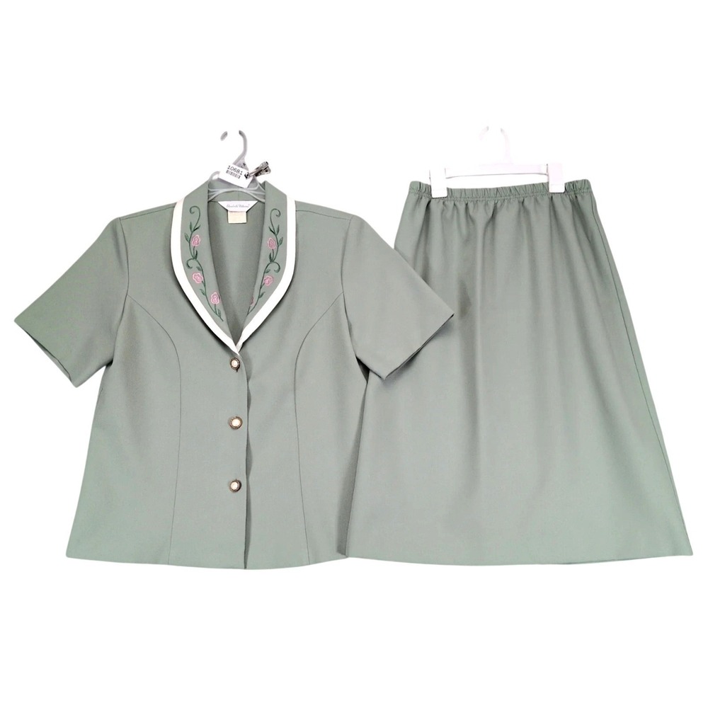 Vintage 90s Elizabeth Williams Green 2pc Blouse & Skirt Set Womens 14 Church Tea